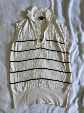 Ann Taylor Striped White Knit Collared Top